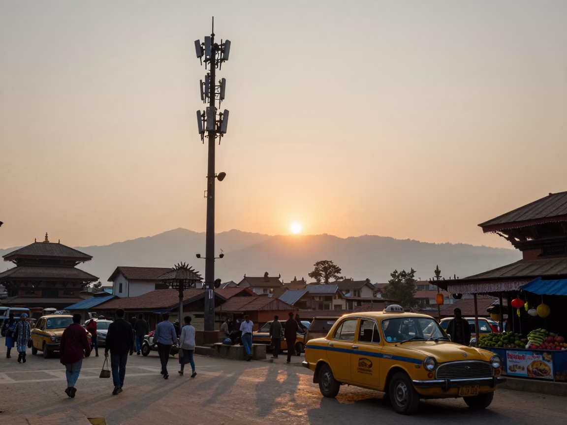 Busy Kathmandu street scene at sunset with telecommunication mast and local commerce in in Kathmandu, Nepal