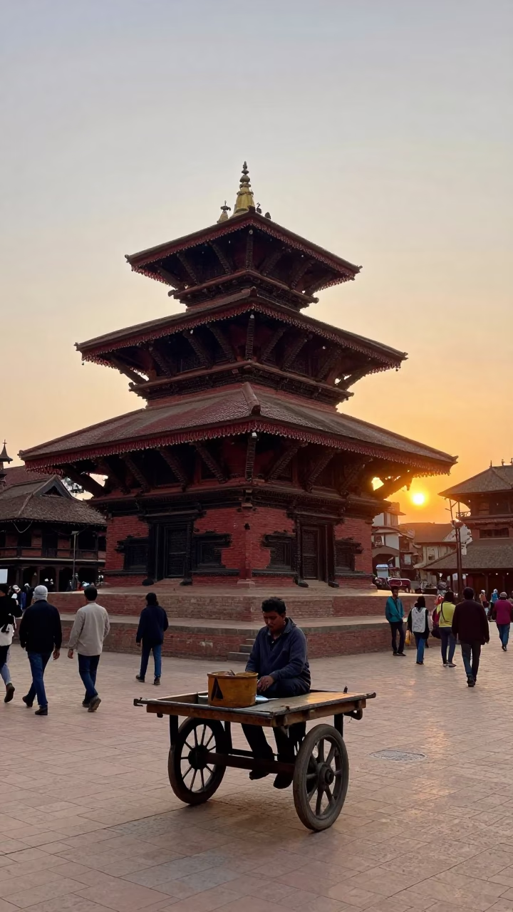 Busy Kathmandu Street Scene at Sunset with Traditional Architecture and Local Life in in Kathmandu, Nepal