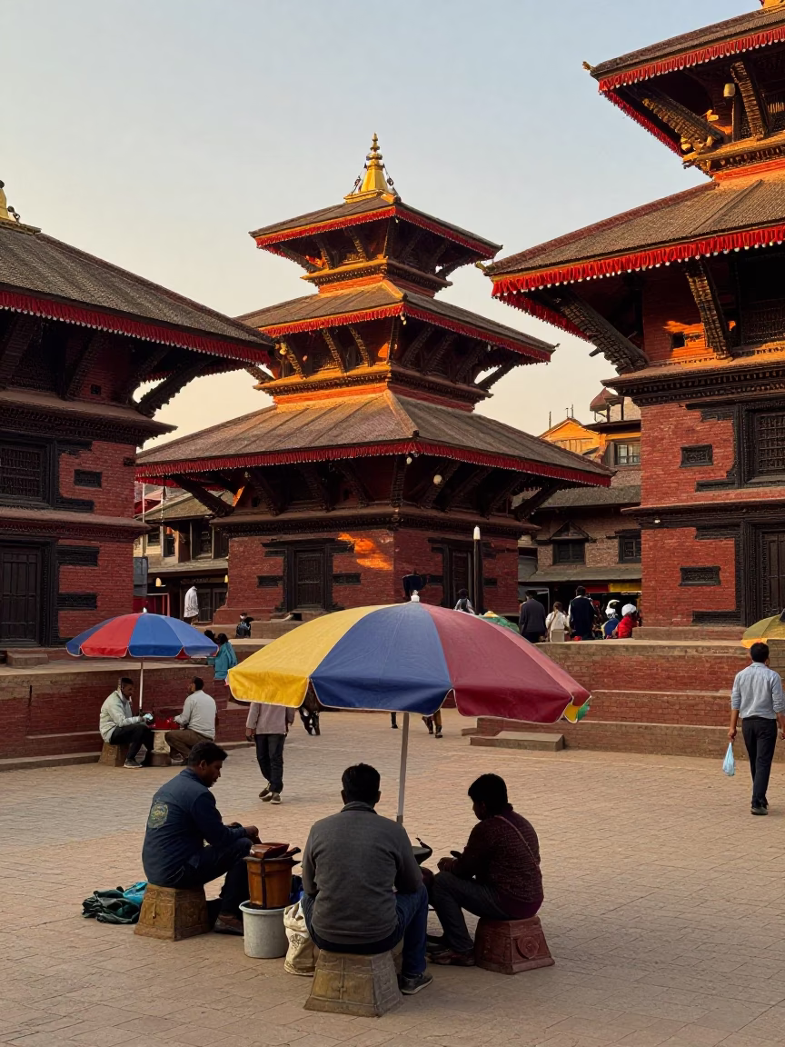 Busy Kathmandu Street Scene at Sunset with Traditional Umbrellas and Local Life in in Kathmandu, Nepal