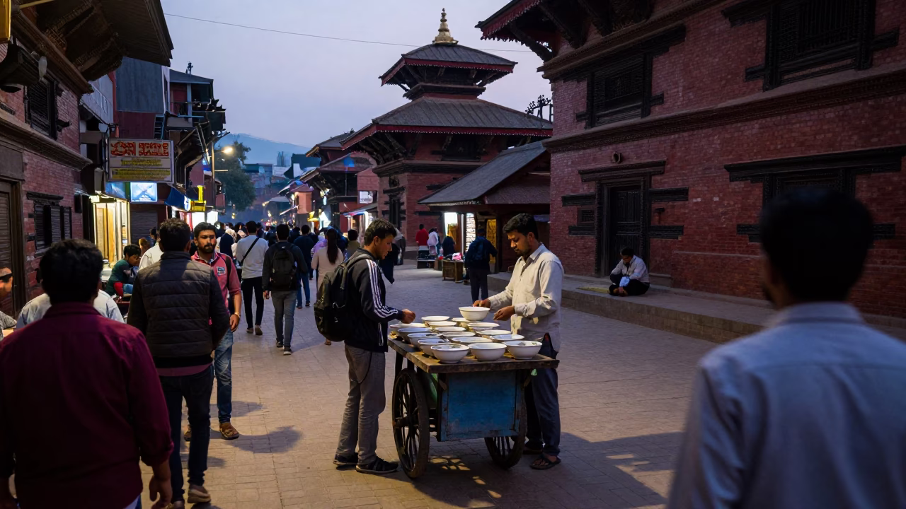 Busy Kathmandu street scene at twilight with soup bowls and urban life in in Kathmandu, Nepal