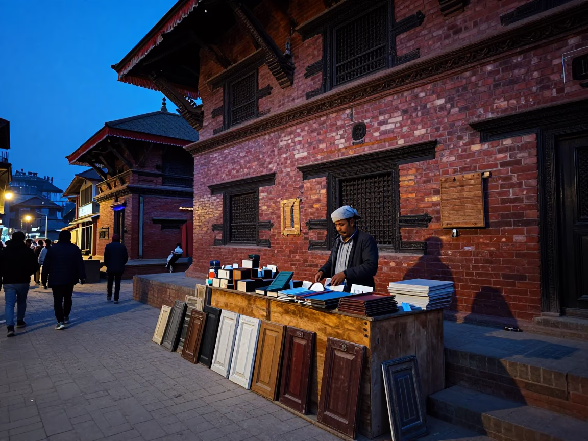 Busy Kathmandu Street Scene at Twilight with Traditional Brick Architecture and Local Commerce in in Kathmandu, Nepal