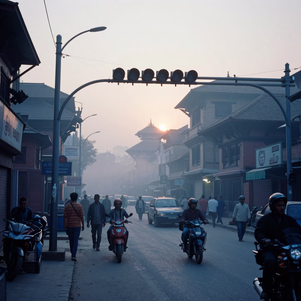 Busy Kathmandu street scene before sunrise with signal gantry and misty rail lines in in Kathmandu, Nepal