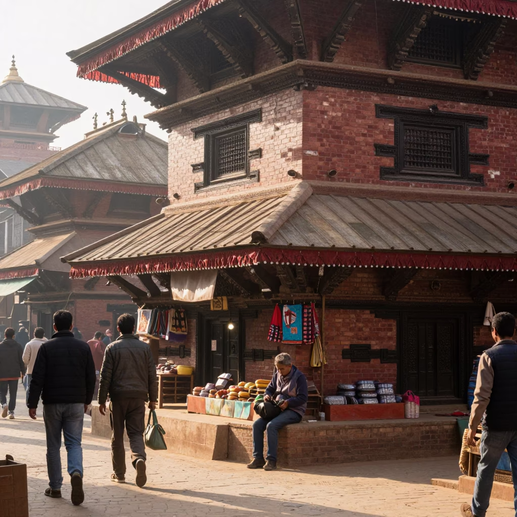 Busy Kathmandu Street Scene Early Afternoon with Local Shopkeeper and Traditional Architecture in in Kathmandu, Nepal