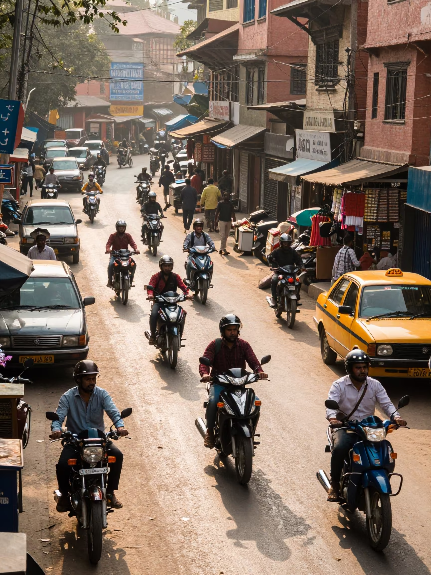 Busy Kathmandu Street Scene Early Afternoon with Motorbikes and Local Shops in in Kathmandu, Nepal