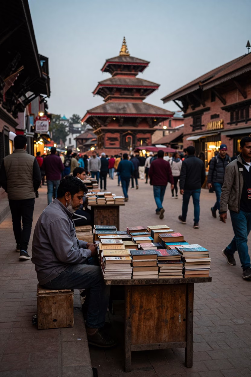 Busy Kathmandu Street Scene Early Evening with Books and Local Life in in Kathmandu, Nepal