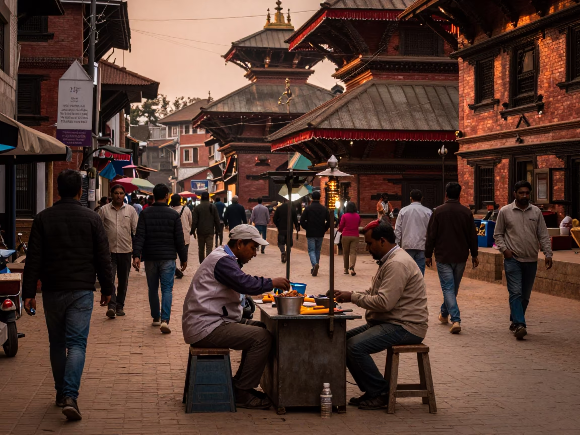 Busy Kathmandu Street Scene in Copper Toned Light Before Dusk with Local Life in in Kathmandu, Nepal