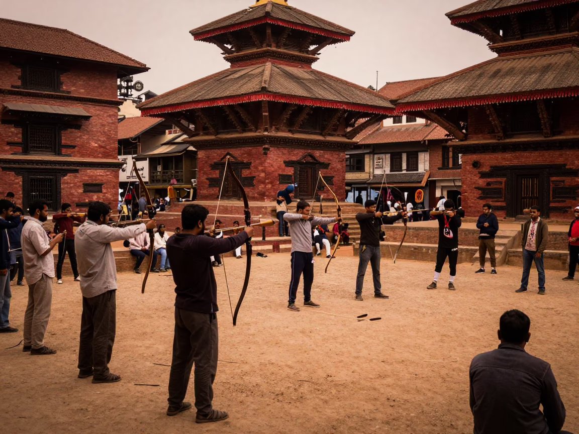 Busy Kathmandu Street Scene in Copper Toned Light Before Dusk with Traditional Archery Contest in in Kathmandu, Nepal