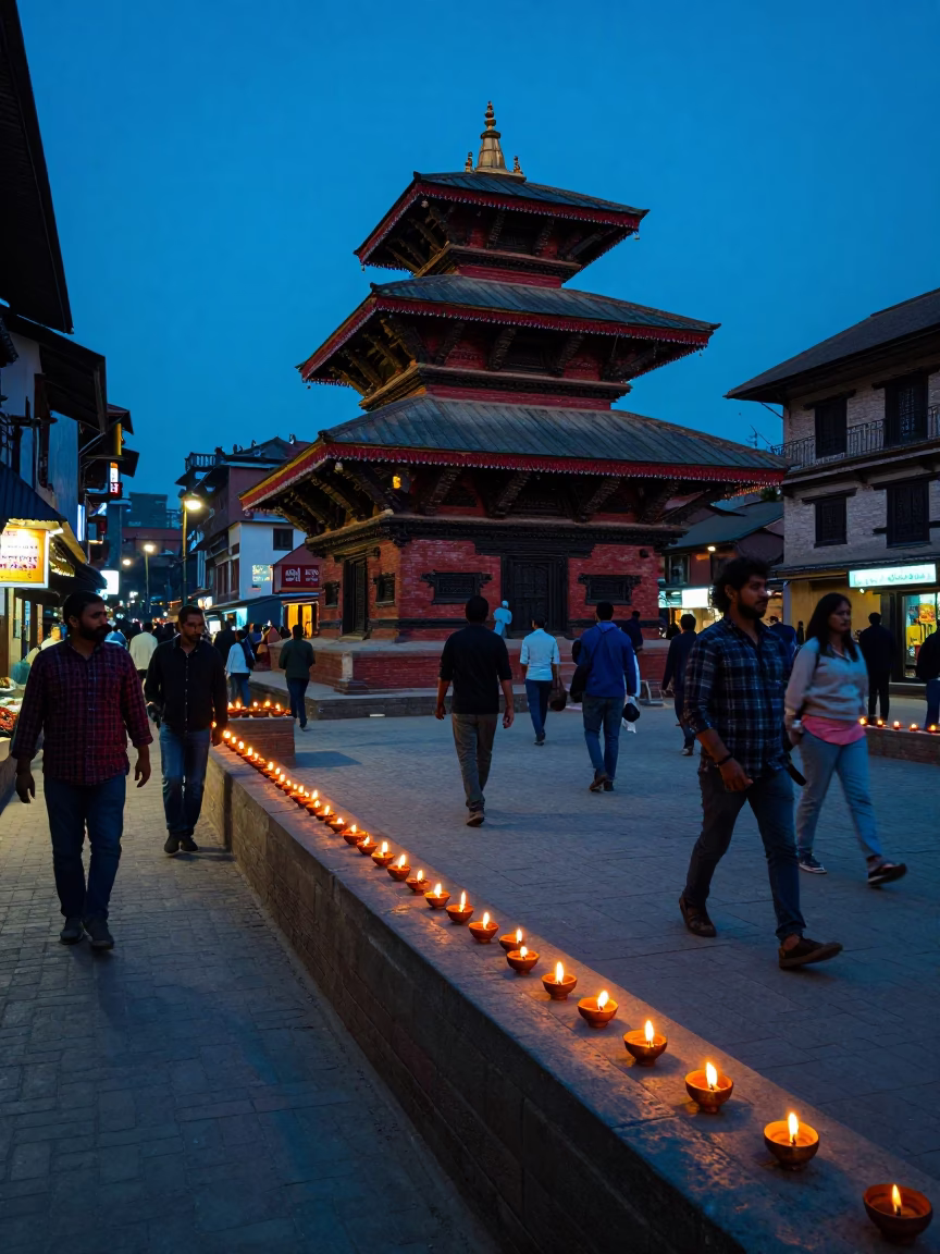 Busy Kathmandu Street Scene in Evening Blue Light with Diwali Lamps and Local Gate in in Kathmandu, Nepal