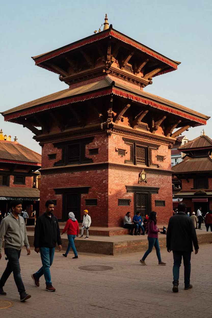 Busy Kathmandu Street Scene in Honeyed Evening Light with Local Commerce in in Kathmandu, Nepal