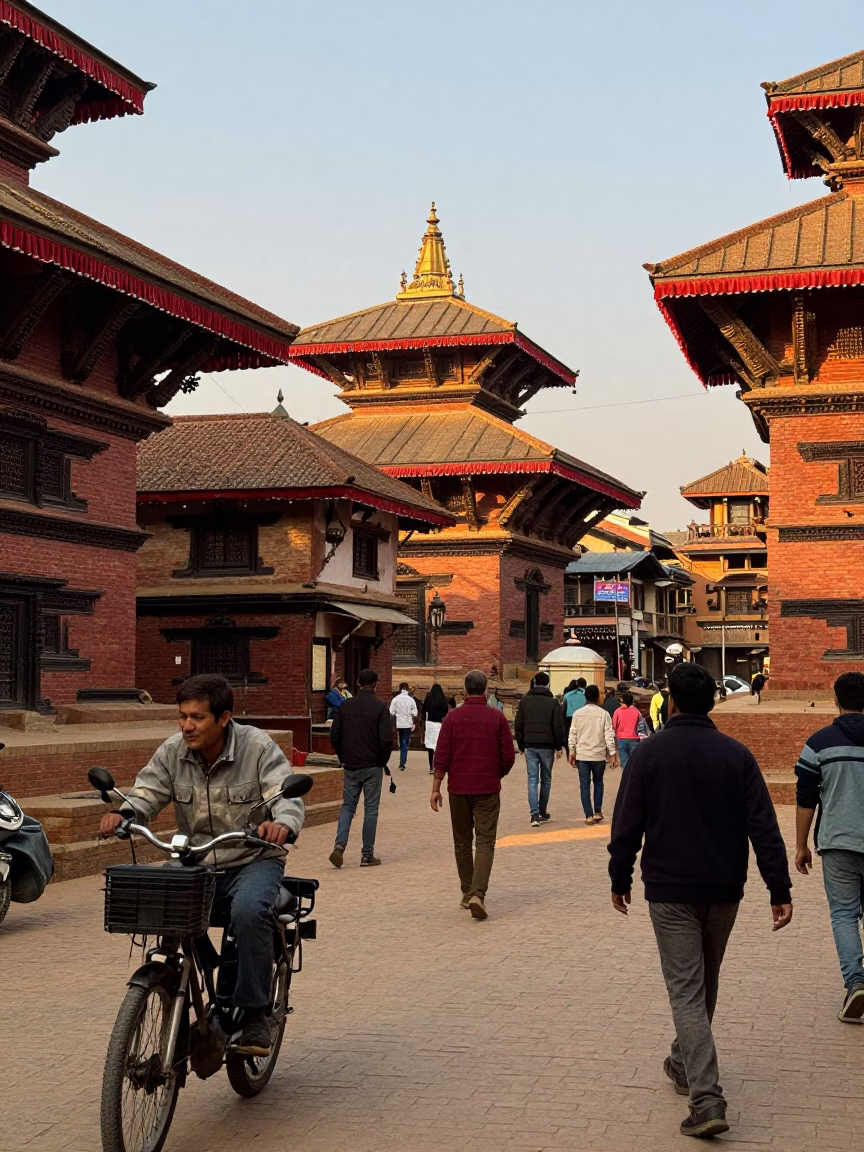 Busy Kathmandu Street Scene in Honeyed Evening Light with Local Life and Gardenia Bush in in Kathmandu, Nepal