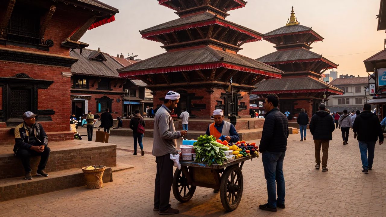 Busy Kathmandu Street Scene in Honeyed Evening Light with Local Market Activity in in Kathmandu, Nepal