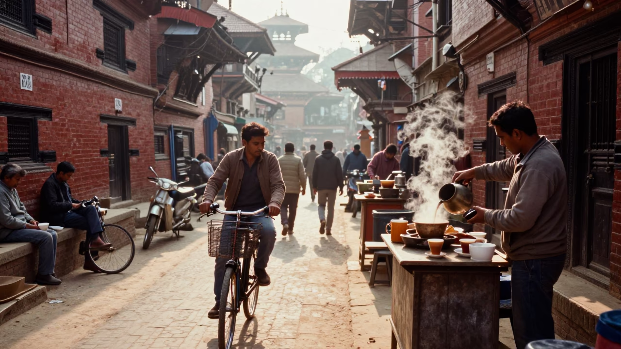 Busy Kathmandu Street Scene Just After Sunrise with Bicycle Basket and Chai in in Kathmandu, Nepal