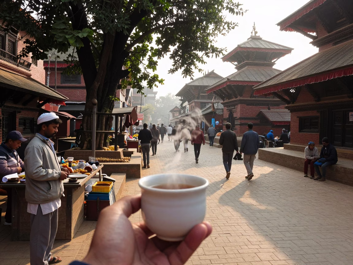 Busy Kathmandu street scene just after sunrise with ceramic cup and tree in in Kathmandu, Nepal