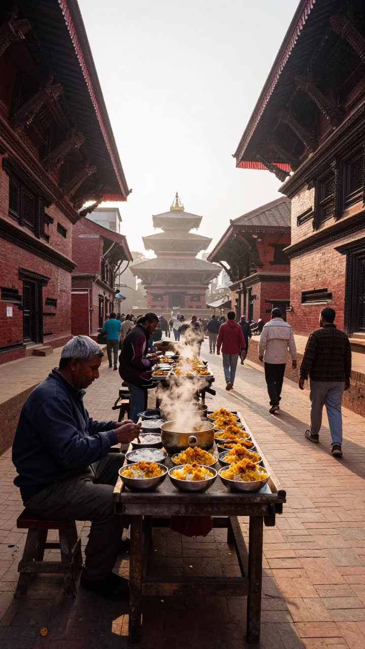 Busy Kathmandu Street Scene Just After Sunrise with Local Vendor and Traditional Architecture in in Kathmandu, Nepal