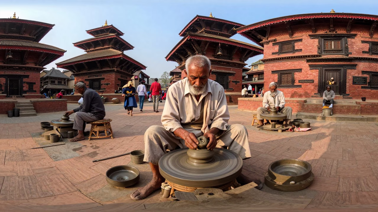 Busy Kathmandu Street Scene Late Afternoon with Elderly Potter and Rattan Stool in in Kathmandu, Nepal