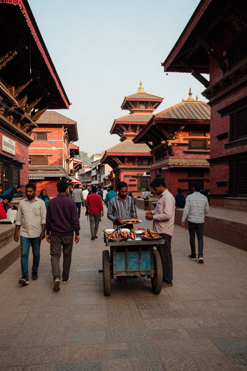 Busy Kathmandu Street Scene Late Afternoon with Grilled Fish and Terracotta Bowl in in Kathmandu, Nepal
