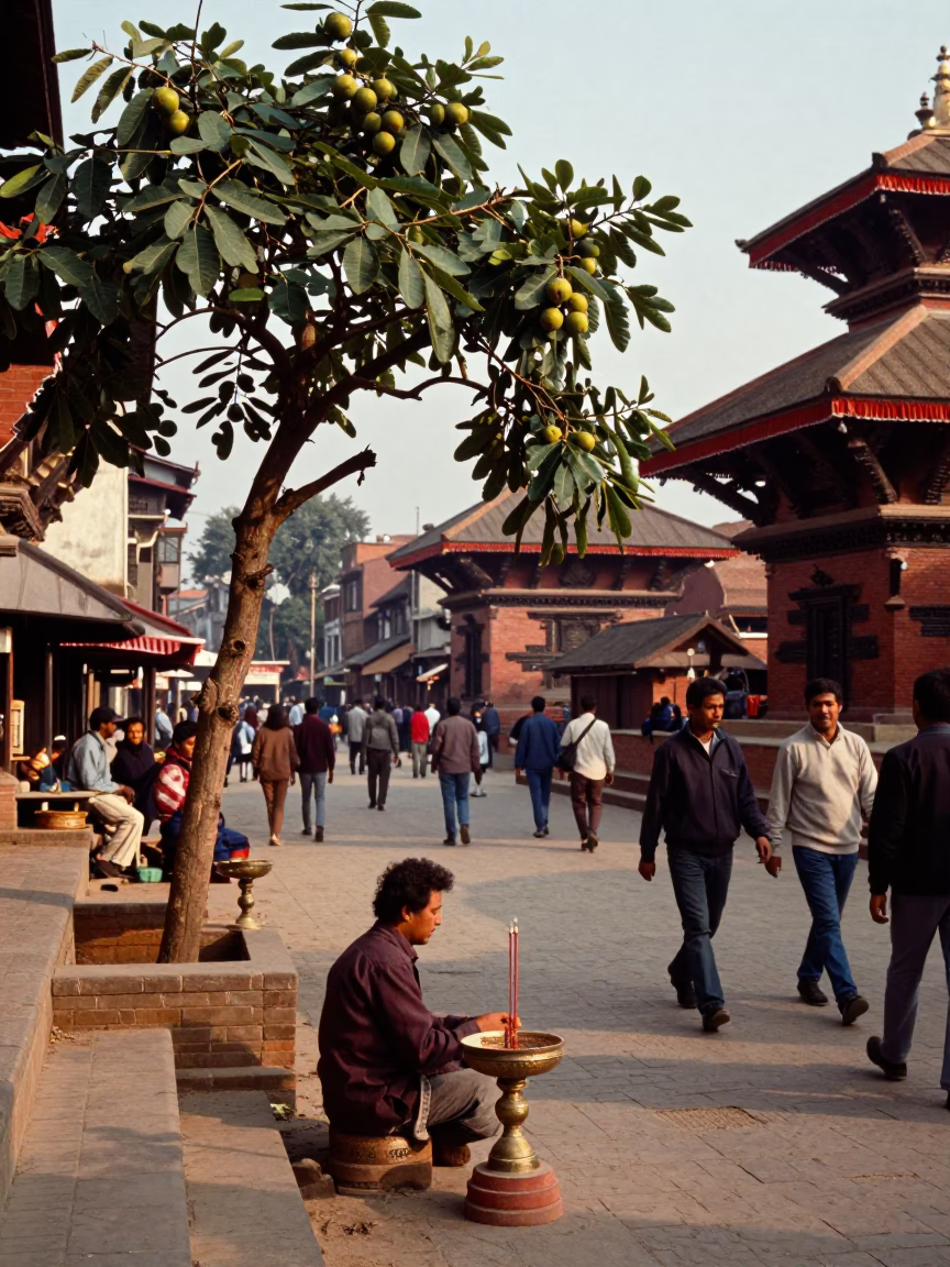 Busy Kathmandu Street Scene Late Afternoon with Incense Holder and Fig Tree in in Kathmandu, Nepal