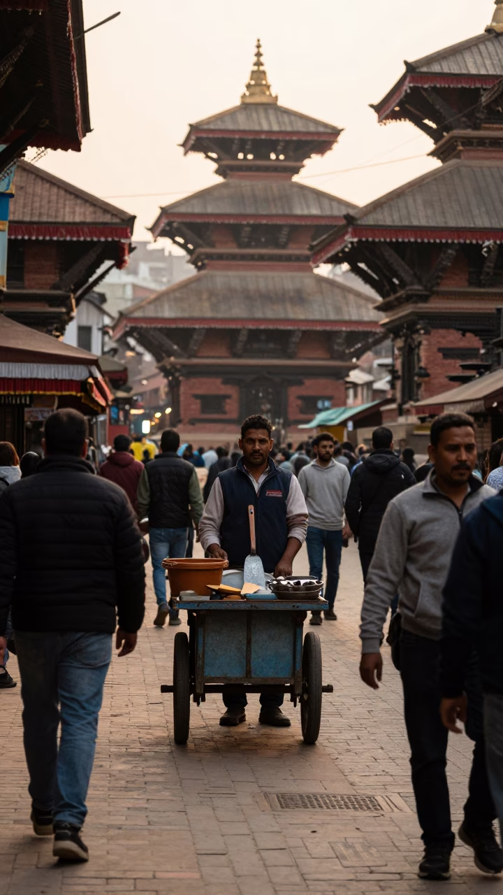 Busy Kathmandu Street Scene Late Afternoon with Spatula and Bamboo Basket Weaver in in Kathmandu, Nepal