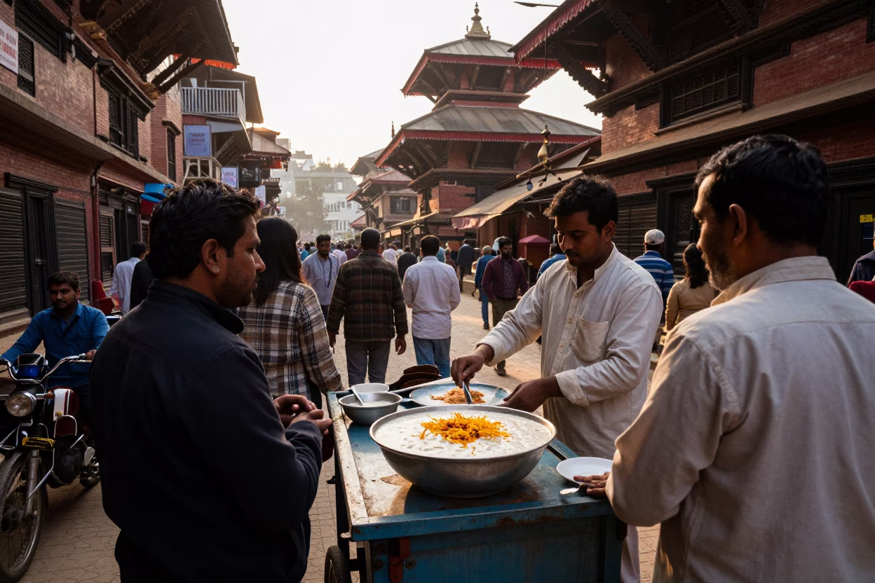 Busy Kathmandu Street Scene Late Afternoon with Traditional Dessert and Local Life in in Kathmandu, Nepal