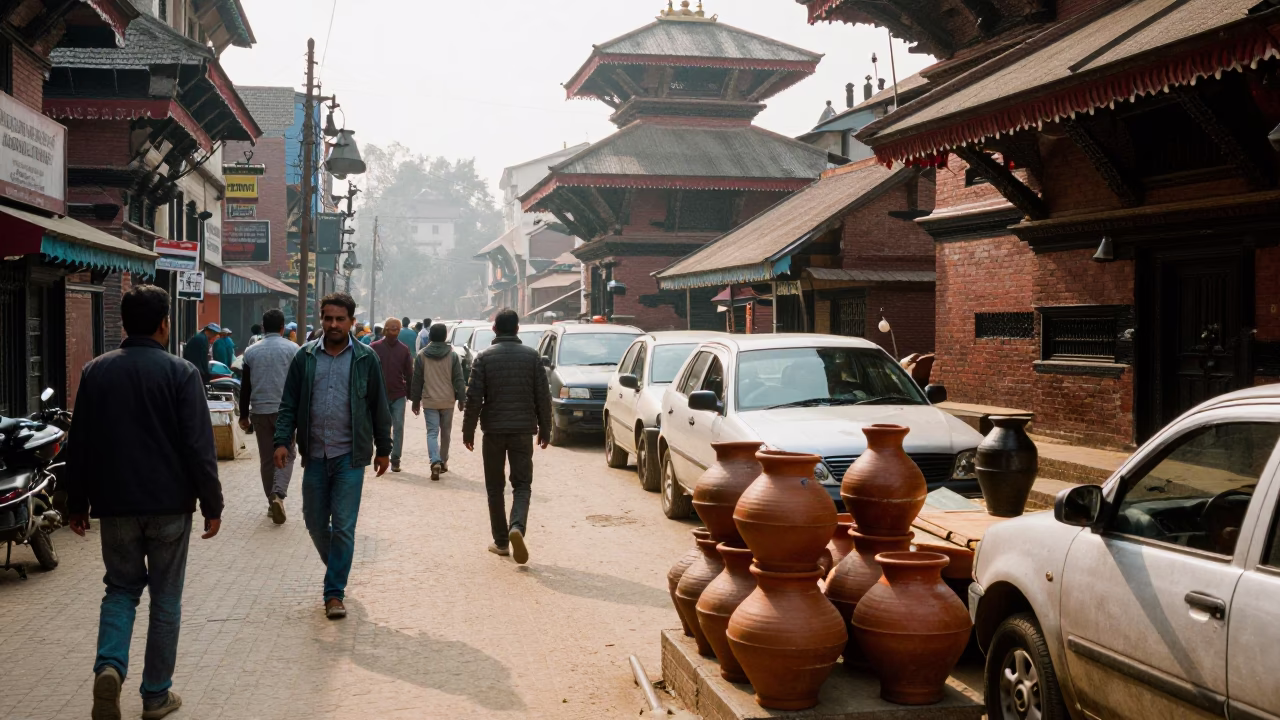 Busy Kathmandu Street Scene Late Morning with Clay Pots and Dust in in Kathmandu, Nepal