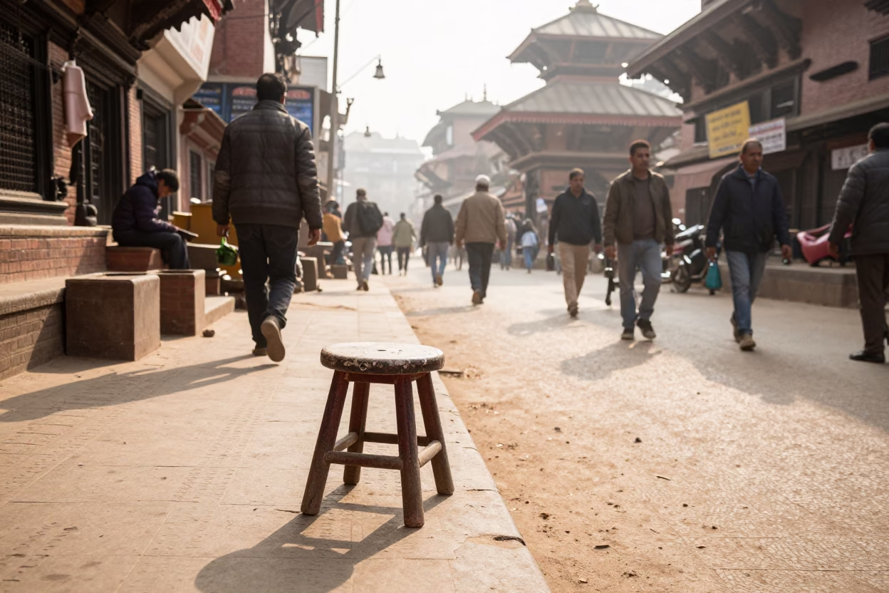 Busy Kathmandu Street Scene Late Morning with Dust and Kitchen Stool in in Kathmandu, Nepal