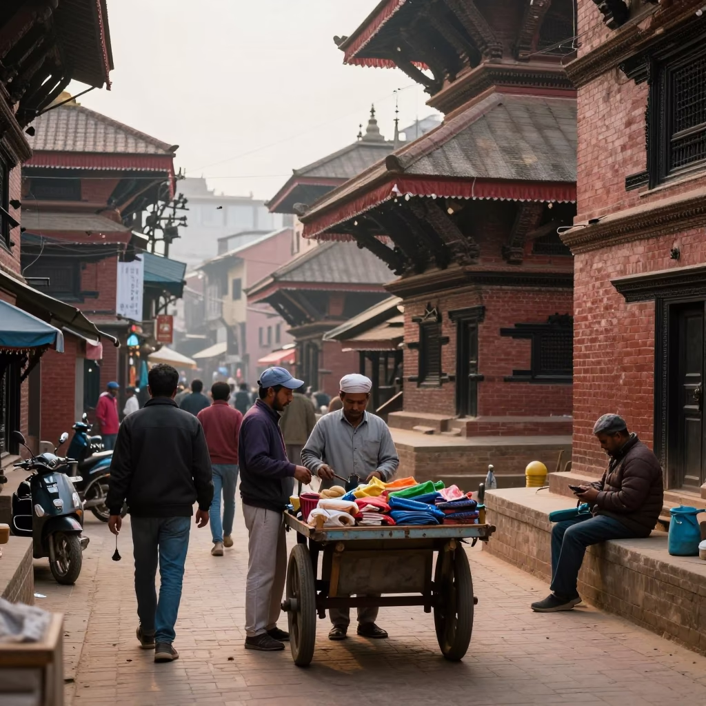 Busy Kathmandu Street Scene Late Morning with Local Vendors and Traditional Architecture in in Kathmandu, Nepal