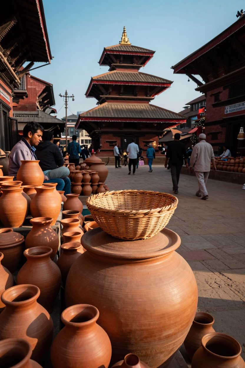 Busy Kathmandu Street Scene Late Morning with Traditional Pottery and Daily Life in in Kathmandu, Nepal