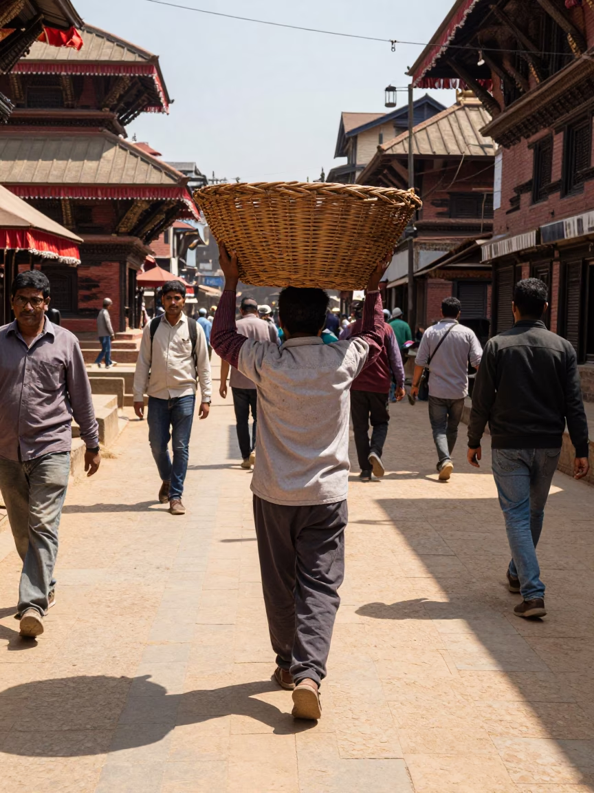 Busy Kathmandu Street Scene Midday with Wicker Basket and Local Commerce in in Kathmandu, Nepal