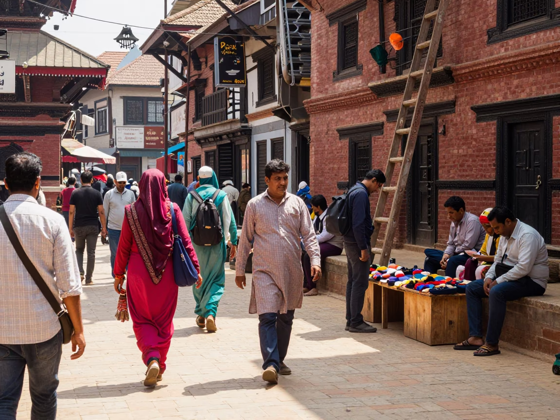 Busy Kathmandu Street Scene Midday with Wooden Ladder and Local Activity in in Kathmandu, Nepal