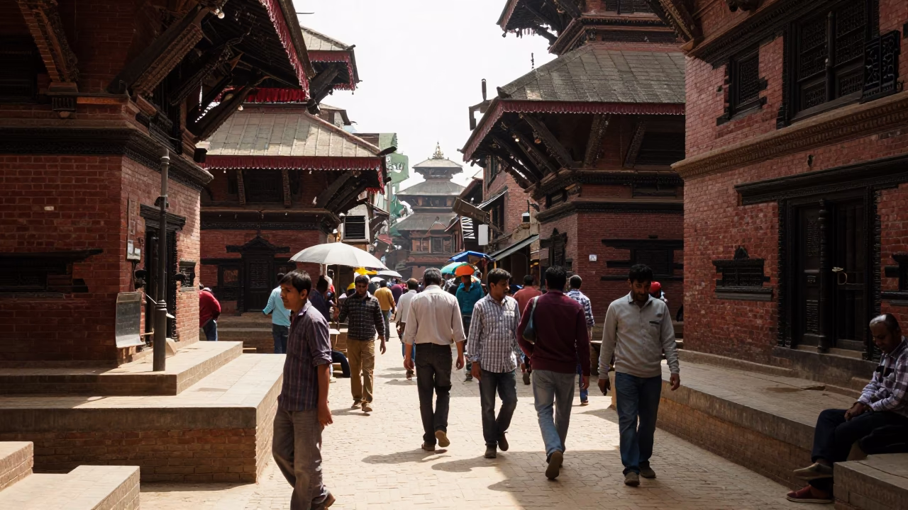 Busy Kathmandu Street Scene Under Flat Noon Glare with Stair Rail and Step Stools in in Kathmandu, Nepal