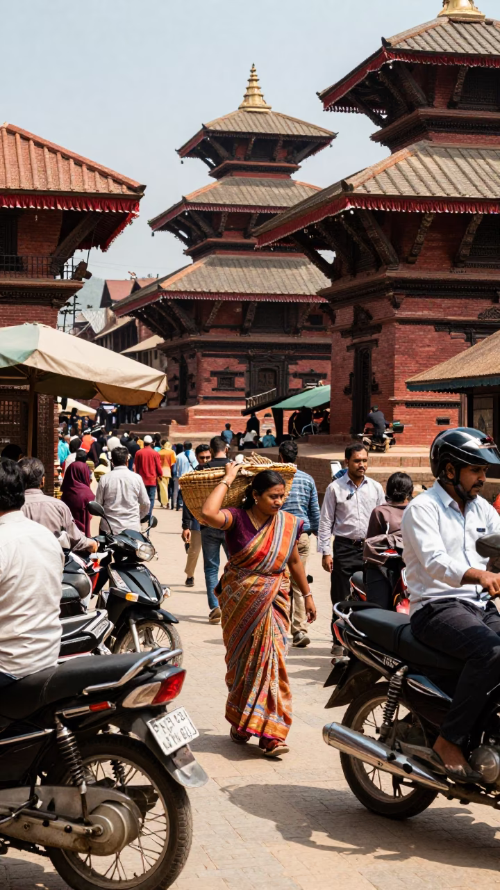 Busy Kathmandu Street Scene Under Flat Noon Sun With Vintage 1980s Aesthetic in in Kathmandu, Nepal