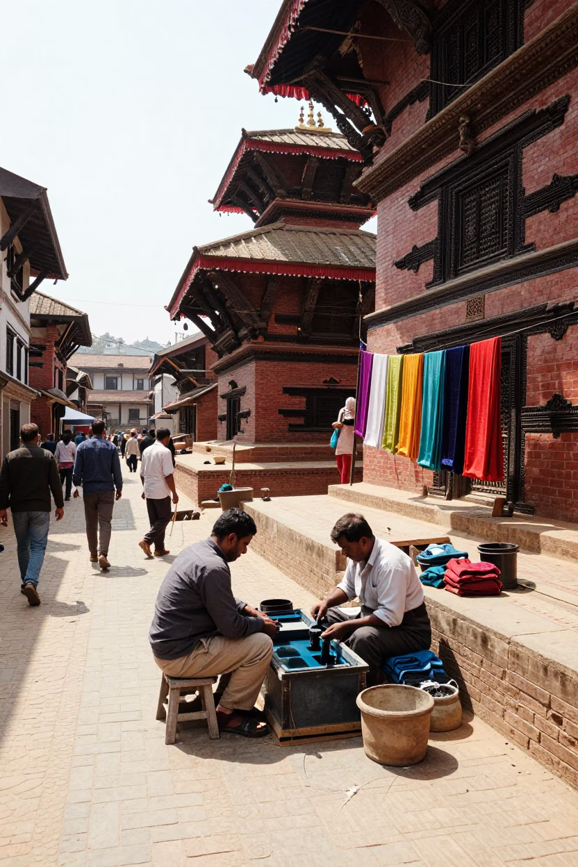 Busy Kathmandu Street Scene Under Noon Glare with Local Artisans and Traditional Elements in in Kathmandu, Nepal