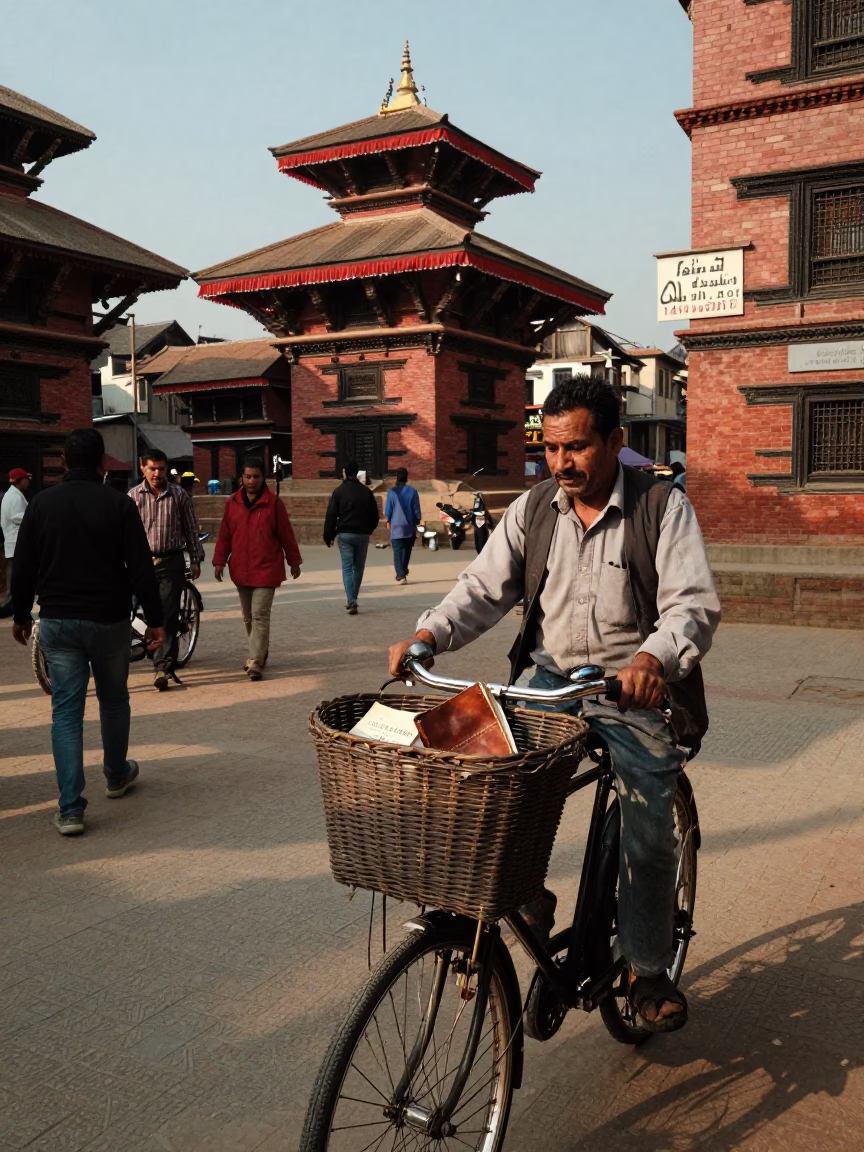 Busy Kathmandu Street Scene with Bicycle Basket and Address Book in Late Afternoon Light in in Kathmandu, Nepal