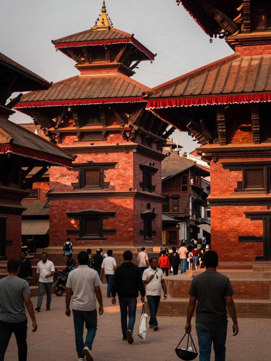 Busy Kathmandu Street Scene with Brick Architecture and Copper Toned Light Before Dusk in in Kathmandu, Nepal