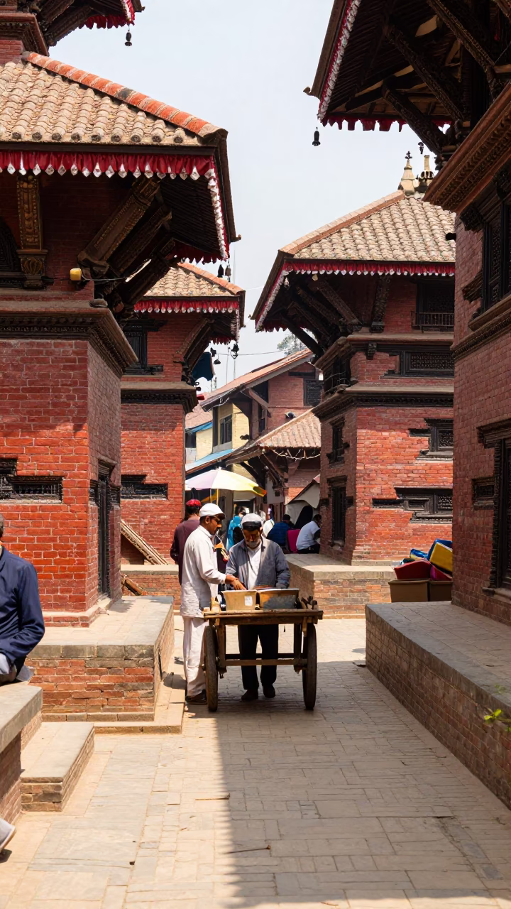 Busy Kathmandu Street Scene with Brick Architecture and Daily Life in in Kathmandu, Nepal