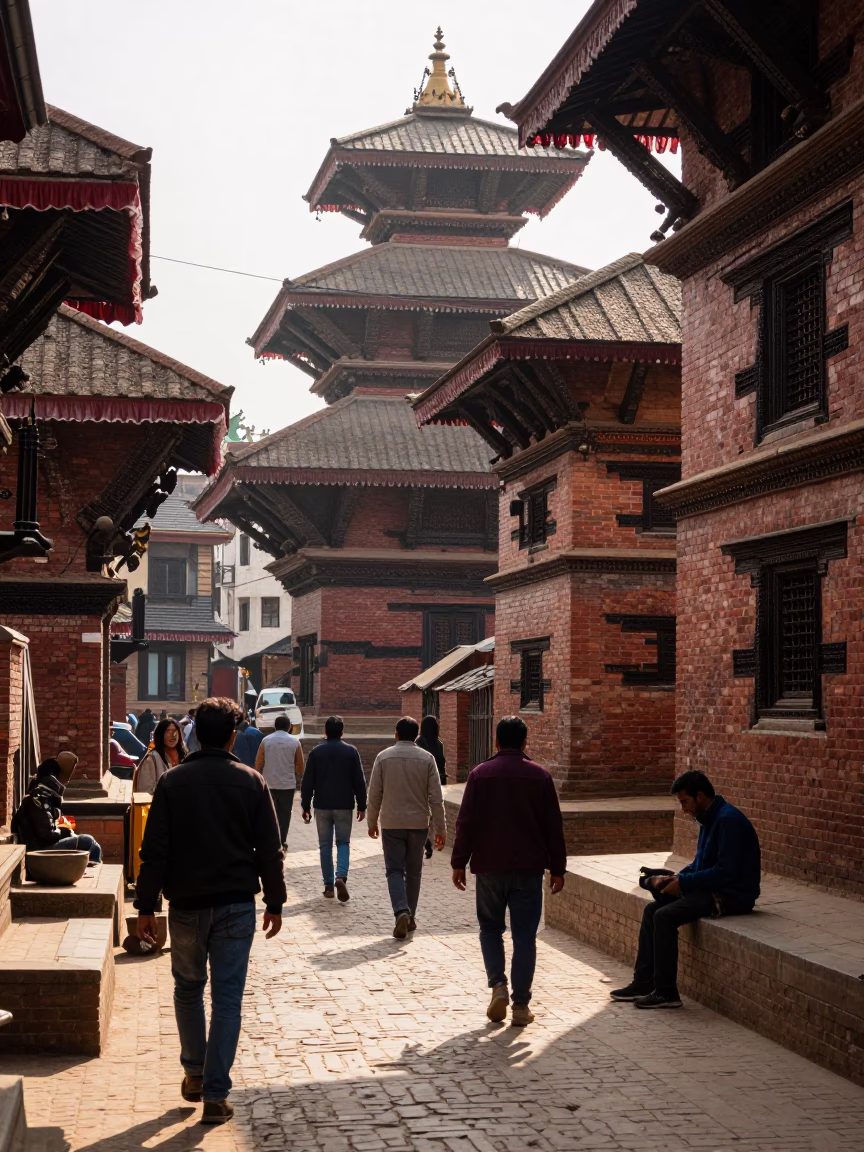Busy Kathmandu Street Scene with Brick Architecture and Local Vendors in Early Afternoon in in Kathmandu, Nepal
