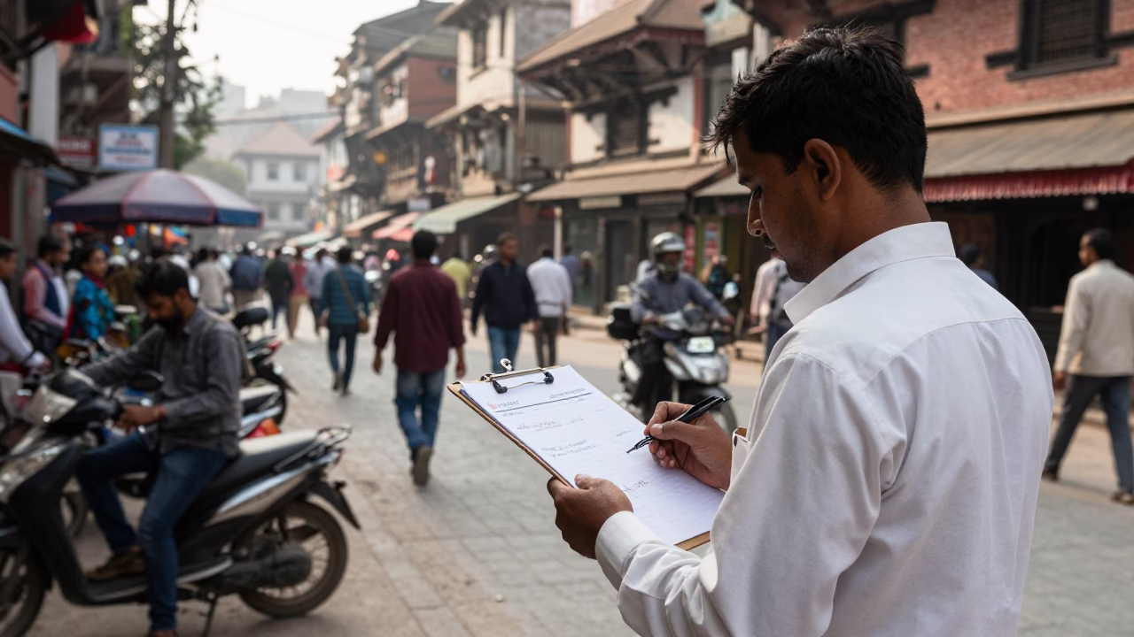 Busy Kathmandu Street Scene with Clipboard and Urban Life in Nepal in in Kathmandu, Nepal