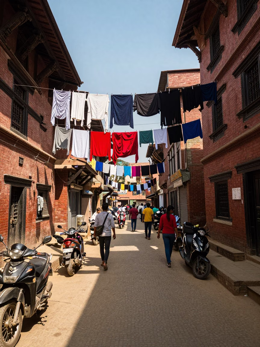 Busy Kathmandu Street Scene with Clotheslines and Sunlight on Plaster Walls in in Kathmandu, Nepal