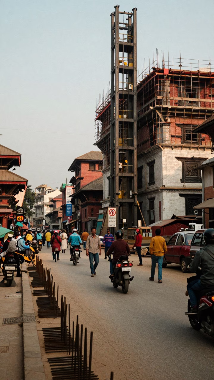 Busy Kathmandu Street Scene with Construction Rebar and Local Commerce in in Kathmandu, Nepal