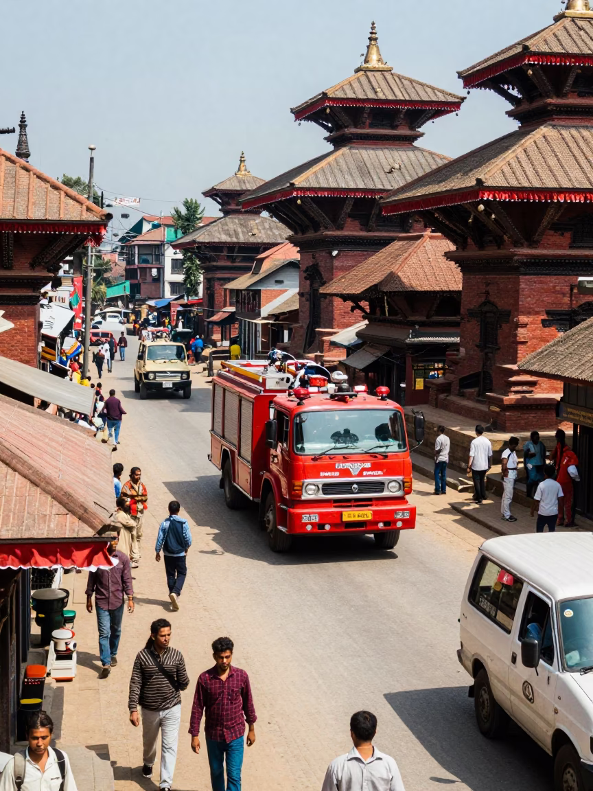 Busy Kathmandu Street Scene with Fire Engine and Local Traffic in Bright Midmorning Light in in Kathmandu, Nepal