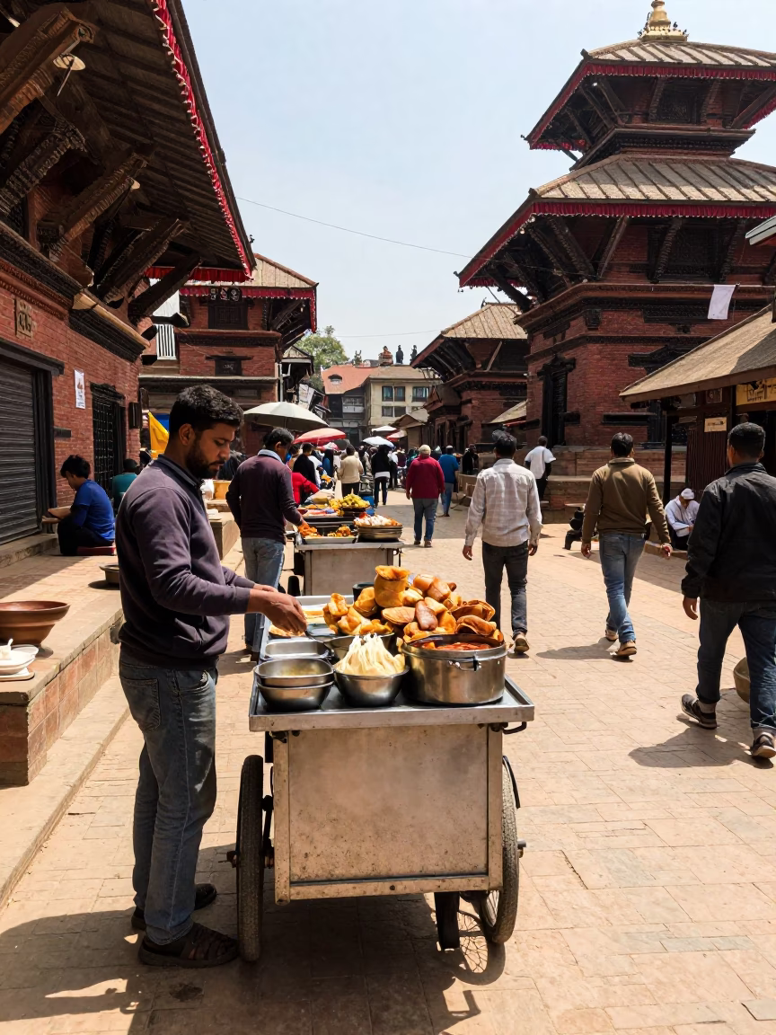 Busy Kathmandu Street Scene with Food Vendors Under Noon Sun in in Kathmandu, Nepal
