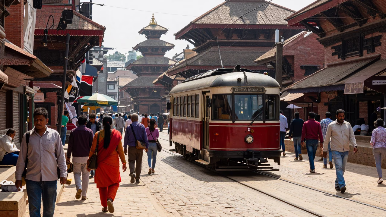 Busy Kathmandu Street Scene with Heritage Tram and Cobblestone Avenue in Bright Midmorning Light in in Kathmandu, Nepal