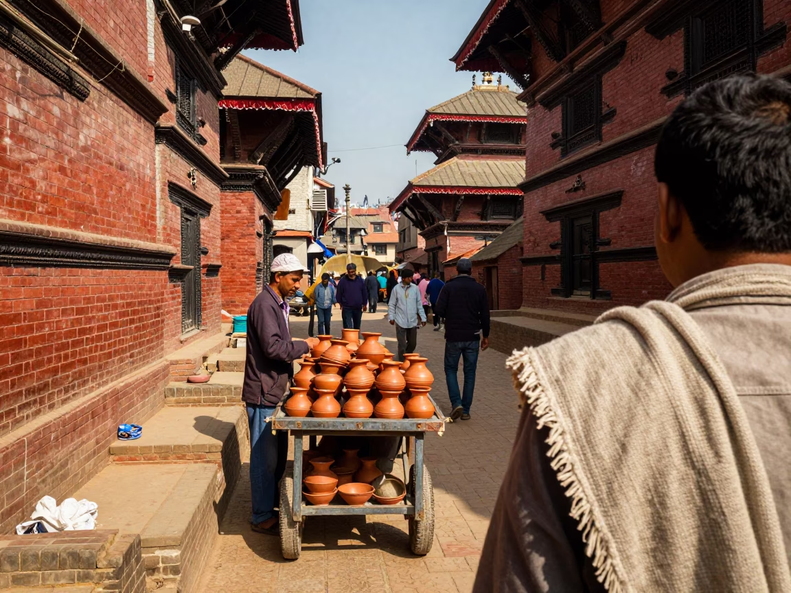 Busy Kathmandu Street Scene with Linen Fringe Detail in Late Afternoon Light in in Kathmandu, Nepal