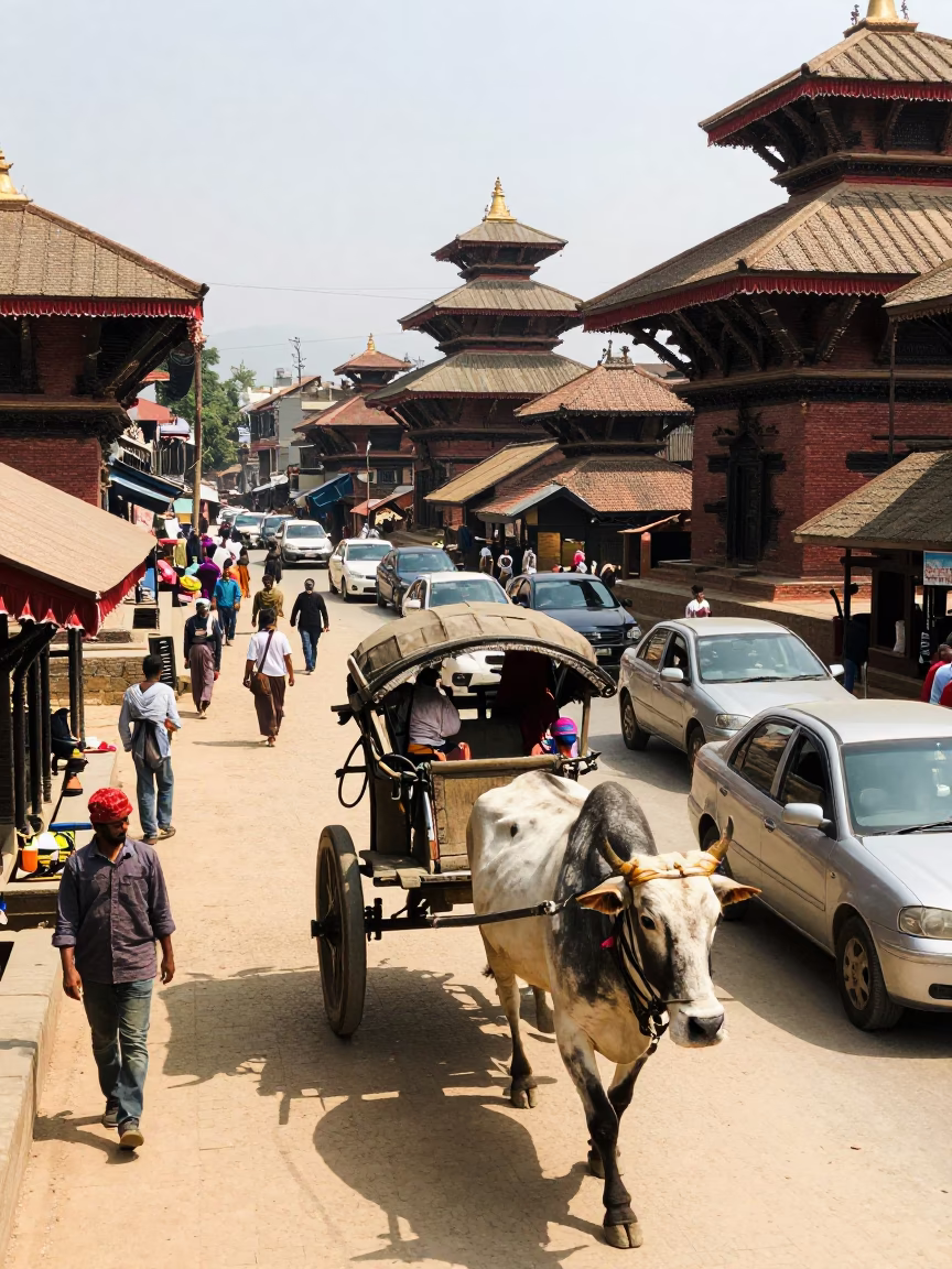 Busy Kathmandu Street Scene with Ox Cart and Traditional Architecture in Bright Midmorning Light in in Kathmandu, Nepal