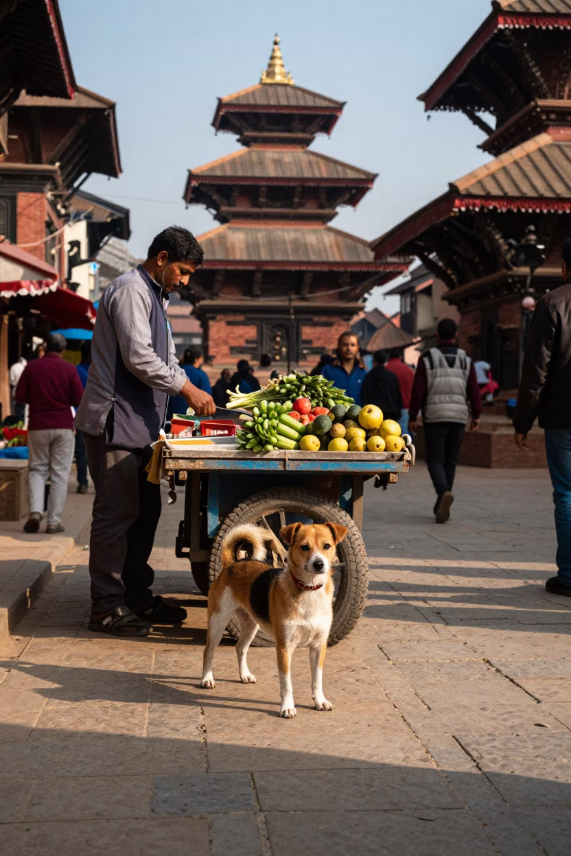 Busy Kathmandu Street Scene with Rat Terrier and Local Vendor in Late Afternoon Light in in Kathmandu, Nepal