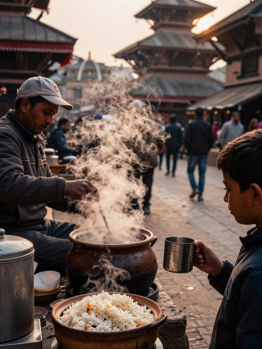 Busy Kathmandu Street Scene with Steaming Claypot Rice and Local Evening Activity in in Kathmandu, Nepal