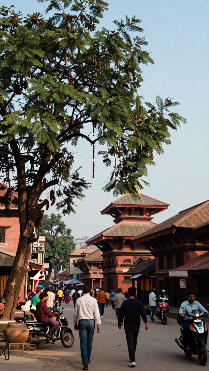 Busy Kathmandu Street Scene with Tamarind Tree and Vintage 1980s Life in in Kathmandu, Nepal