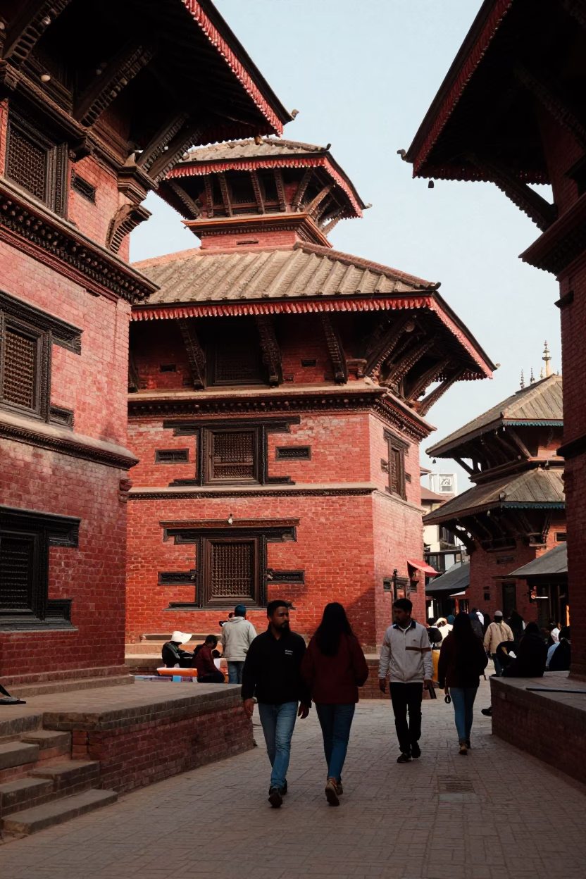 Busy Kathmandu Street Scene with Traditional Brick Architecture and Local Commerce in in Kathmandu, Nepal
