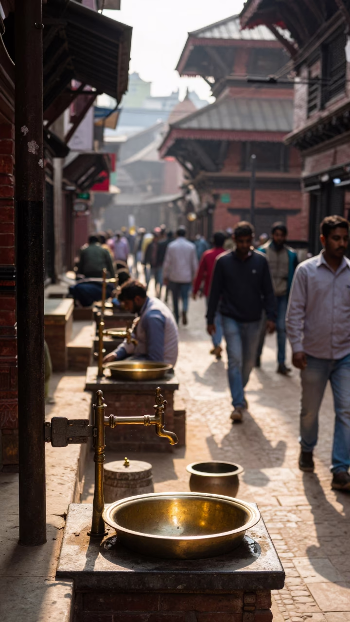 Busy Kathmandu Street Scene with Wash Basin and Hinge Details in in Kathmandu, Nepal
