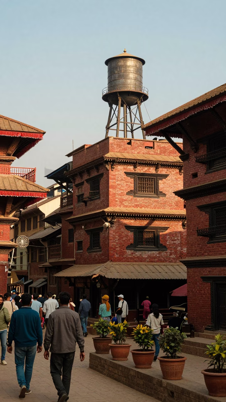 Busy Kathmandu street scene with water tower and potted succulents in late afternoon in in Kathmandu, Nepal